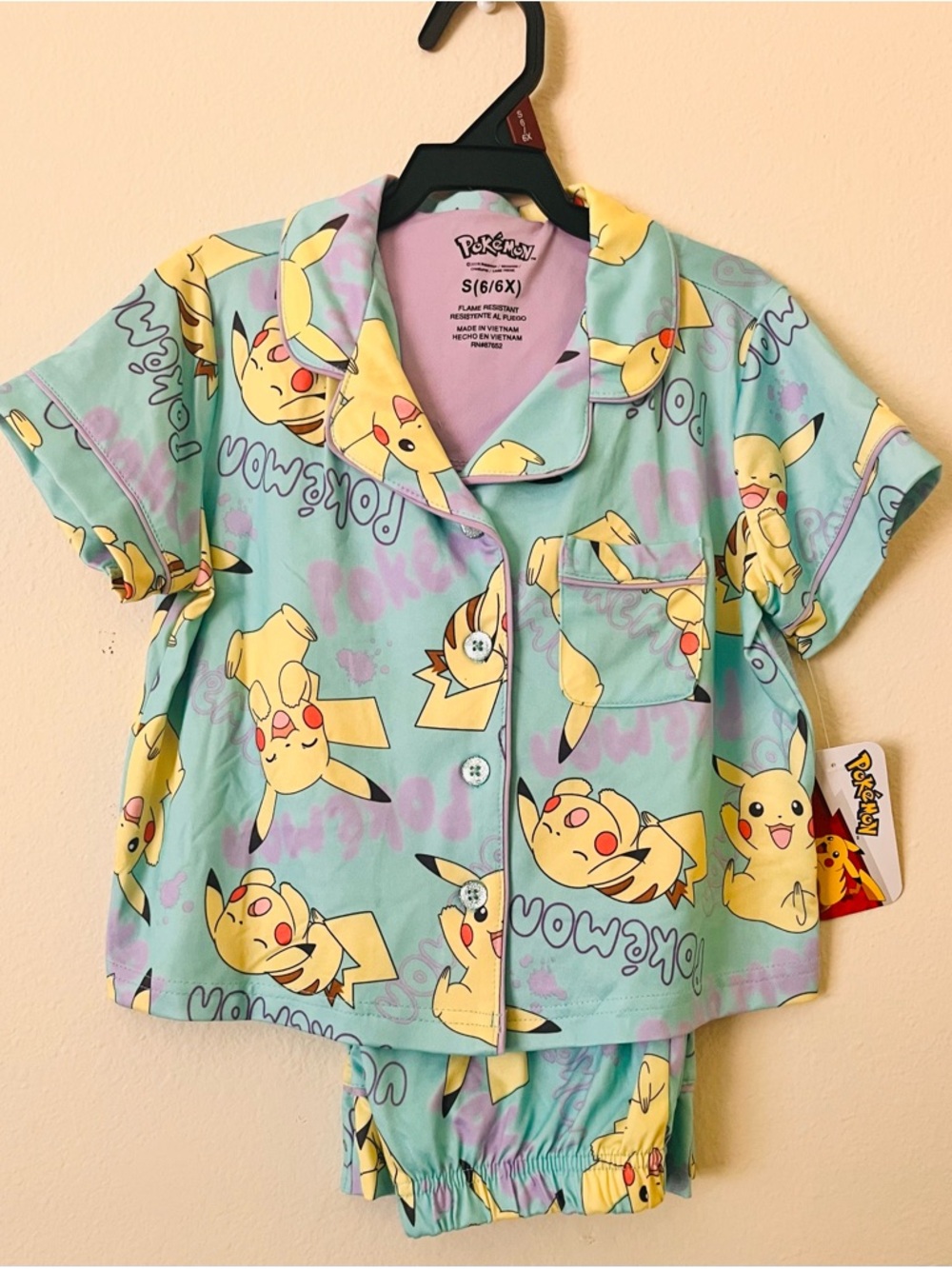 Pikachu Pokémon Kids Pajama Pants Set - Mint Glitter Buttons Sz (6/6X)